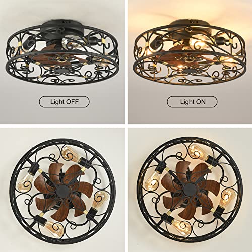 20" Caged Ceiling Fans with Lights and Remote, Bladeless Ceiling Fan 6 Speed Reversible with 4 Bulbs and Remote Control,Flush Mount Caged Ceiling Fan for Bedroom, Living Room, (Include Bulbs) - color: Black (with light bulb)