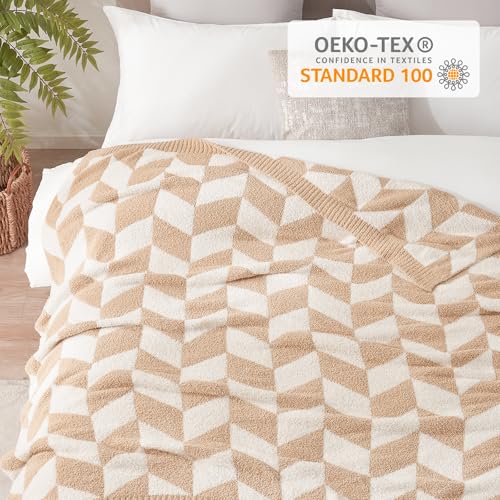 Snuggle Sac Chevron Throw Blanket for Couch, Reversible Super Soft Warm Blankets Cozy Knit Fuzzy Plush Lightweight Throws for Sofa, Bed, Camping, Beige,50x60 inches - color: Chevron Beige, size: Throw(50"x60")