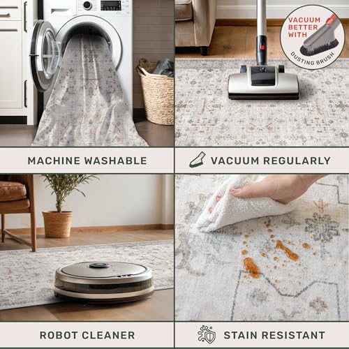Washable 2x3 Throw Rugs for Entryway, Front Door Mat, Low Pile Non-Slip Small Area Rugs for Kitchen, Bathroom, Powder Room, Mudroom, Neutral Light Grey with Floral Accent - color: Light Gray, size: 2' x 3' (Rectangular)