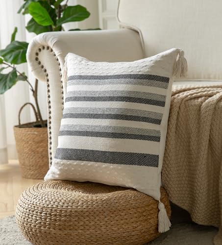 Caflife Boho Throw Pillow Covers 20x20 Decorative Pillows for Bed, Neutral Pillows Cover with Tassels for Modern Farmhouse Couch Sofa Living Room Outdoor Cushion, Pack of 1, Beige with Black Line - color: Black Beige, size: 20" x 20" (Pack of 1)