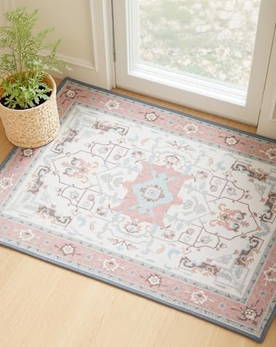 MINIDEAR 2x3 Area Rugs for Entryway, Kitchen, Washable Rug Small Rugs for Bedroom Non Slip Vintage Rug with Floral Print Carpet Mat for Home, Pink - color: Pink, size: 2' x 3' (Rectangular)