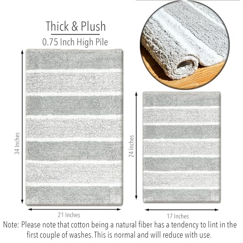 Chardin home Cordural Stripes Bath Mat, Set of 2 Bath Rugs (17x24 Inches & 21x34 Inches) | Non Slip Bathroom Rug, Machine Washable, Plush, Highly Absorbent | Grey-White - color: Grey-white