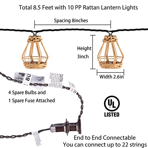 Decorative String Lights, UL Listed Rattan Lantern Style Patio Lights with 10 Mini Bulbs - Connectable, Weatherproof Plug In Lights for Indoor/Outdoor Home Decor, Pergola, Porch, Party and Backyard