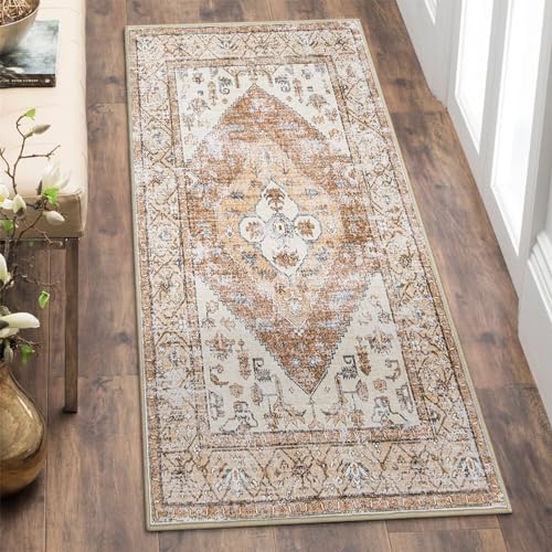 Lahome Boho 2x4 Rug Runner, Non-Slip Low-Pile Washable Kitchen Rugs Small Throw Bath Mat Runner, Oriental Accent Print Runners Area Runners for Hallway Bedroom Entryway Kitchen Living, Taupe Adelyn - color: Taupe, size: 2' x 4' (Rectangular)