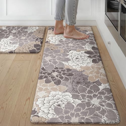 GENIMO Kitchen Mats for Floor, Kitchen Rugs Non Slip Washable Sets of 2, Waterproof Cushioned Anti Fatigue Mat, Floral Runner Rug for Laundry, Sink, Office, Home, 17.3"x47"+17.3"x30", Coffee Brown - color: Coffee&brown, size: 17.3"x47"+17.3"x30"