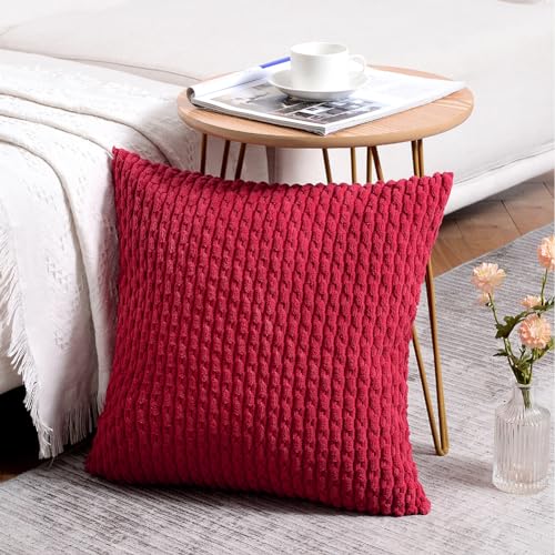 Fancy Homi 2 Packs Burgundy Decorative Throw Pillow Covers 18x18 Inch for Couch Bed Sofa, Modern Farmhouse Boho Home Decor, Soft Cute Plush Corduroy Wine Red Striped Cushion Case 45x45 CM - color: Burgundy, size: 18" x 18" (Pack of 2)