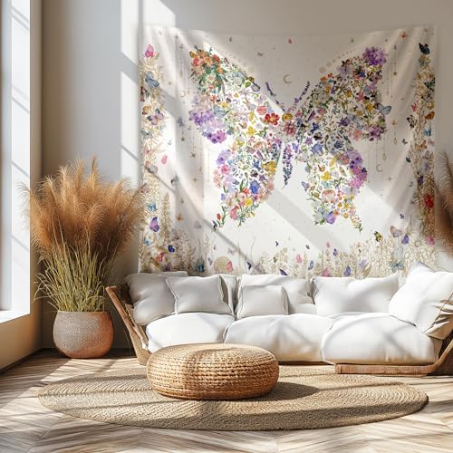 Damanse Butterfly Tapestry Wall Hanging Cute,Boho Wall Tapestry for Bedroom Aesthetic,Flower Living Room Decor for Teen Girls (White, 59.80" x 78.70") - color: White, size: 78.7"L x 59.8"W