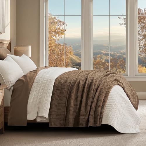 EVERGRACEHOME Modern Checkered Chenille Throw Blanket, Soft Cozy Plaid Knitted Chair Blanket for Sofa Couch, Decorative Knit Throw for Bed and Living Room, Camel Brown, 50" x 60" - color: Checkered Camel Brown, size: 50" X 60"