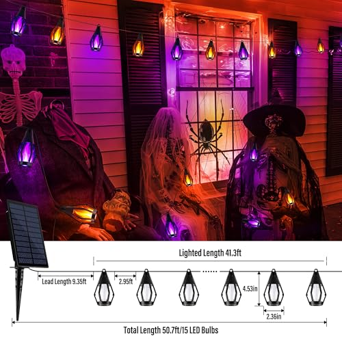 iBaycon Solar Halloween Lights, 42Ft 15 LED Bulbs Flickering Flame String Light, Outdoor Waterproof Solar Flame Lights for Garden Yard Patio Halloween Decorations (Warm White + Purple) - color: Warm White+Purple, size: 42FT