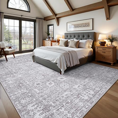 8x10 Area Rugs for Living Room, Washable Vintage Retro Floral Rug, Low Pile Non Slip Distressed Large Carpet for Bedroom, Dining Room, Office, Home (Vintage Purple Grey) - color: F-vintage Purple Grey, size: 8' x 10' (Rectangular)