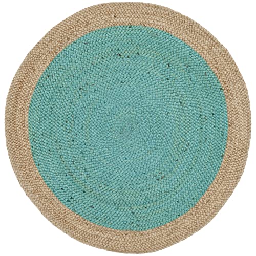SAFAVIEH Area Rug 3' Round - Natural Fiber Collection - Teal & Natural Brown, Handmade Jute, Braided Border Design (NF801E) - color: Teal/Natural, size: 3' (Round)