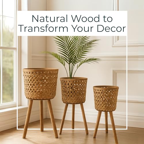 Set of 3 Woven Basket Decorative Planter Pot with Stand – Handcrafted Bamboo Pine Wood Outdoor & Indoor Plant Pot – Boho Garden & Home Decor Planters – 19", 22", & 26", Brown - color: Woven Natural, size: 26" H