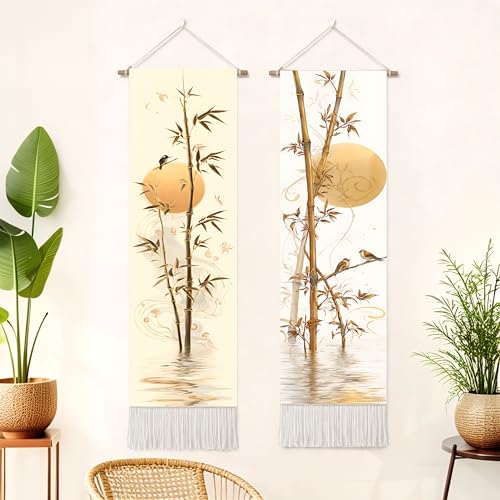 seewan 2 Pack Long Vertical Wall Tapestry, Boho Nature Landscape & Floral Aesthetic Wall Hanging for Bedroom Living Room Home Decor, Long Narrow Art Tapestry with Sunrise Mountain Botanical Designs, 13" × 51" (Bamboo Rustic Motif, 13"Wx51"H, Unframed) - c