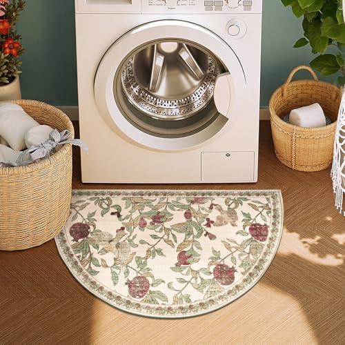 jinchan Eden Botanical Vintage Washable Small Area Rug, 2x3 Half Circle Floral Entryway Rug, Low Pile Soft Non Slip Doormat Dirt Trapping Carpet for Kitchen Bathroom Vanity, Red/Green - color: Eden Red/Green, size: 1'9" x 3' (Semicircular)