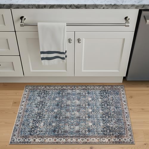 Bloom Rugs Washable Non-Slip 2' x 3' Rug - Blue/Beige Traditional Oriental Area Rug for Living Room, Bedroom, Dining Room, and Kitchen - Exact Size: 2' x 3' - color: Blue / Beige, size: 2' x 3' (Rectangular)