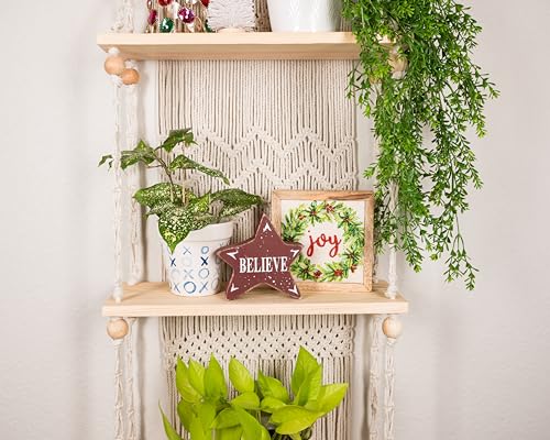 SnugLife Macrame Wall Hanging Shelf - 3 Tier Wall Plant Hanger Shelves with Handmade Woven Rope - Boho Shelves Organizer for Kitchen, Bathroom, Home Storage, Floating Plant Shelf (Pine Wood) - size: 3 Tier