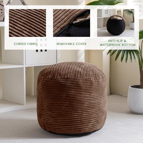 HIGOGOGO Round Stuffed Pouf Ottoman, Corduroy Poufs with Foam Chunk Filling, Furry and Fluffy Pouf Foot Stool Storage Ottoman, 20 X 15 Floor Poufs Foot Rest for Living Room, Brown - color: Brown, size: 20"D x 20"W x 15"H