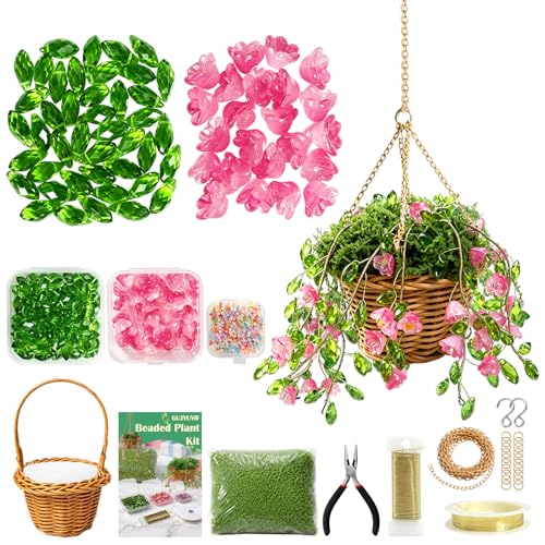 GUJYUYIF Beaded Plant Kit Green Glass Leaf Beads with Rattan Basket, Hanging Suncatchers Beading Kit for Jewelry Making DIY Craft Kit Plants - color: Pink-Green