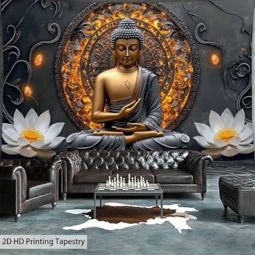 FENDROM Sitting Golden Buddha Tapestry Wall Hanging Buddhist Statue Tapestries White Lotus Meditation Wall Decor Zen Art Psychedelic Indian Wall Blanket for Bedroom Living Room Home Decor - color: Grey, size: 59"L x 39"W