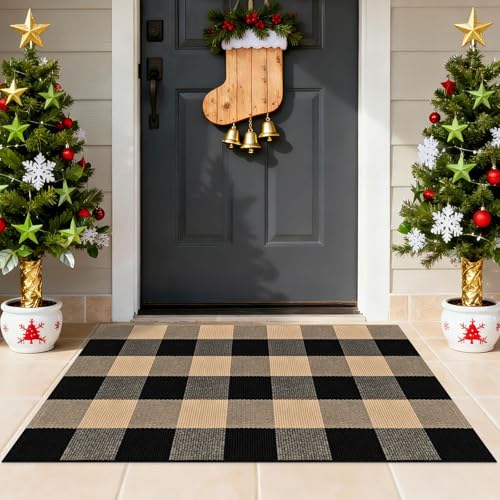 Buffalo Plaid Area Rug 2 X 3 Ft Brown and Black Checkered Outdoor Rug Cotton Washable Buffalo Plaid Rugs Front Door Mat for Porches Bathrooms Laundry Rooms and Living Rooms - color: Brown and Black, size: 2‘×3’