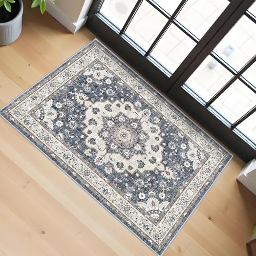 Washable 2x3 Entryway Area Rug: Vintage Non-Slip Backing Rugs for Kitchen Bathroom Water Resistant Carpet for Bedroom Soft Low Pile Front Door Mat for Dining Room 2x3 Blue - color: Blue, size: 2' x 3' (Rectangular)