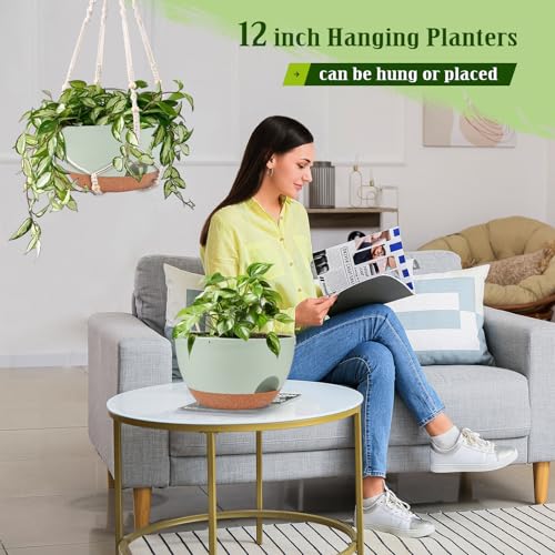 Hanging Planters for Outdoor Indoor Plants, 2 Pack 12 Inch Hanging Basket Plants Outdoor, Self Watering Hanging Planter with Plant Hanger for Garden Home Decoration (Green) - color: Green, size: 12 Inch