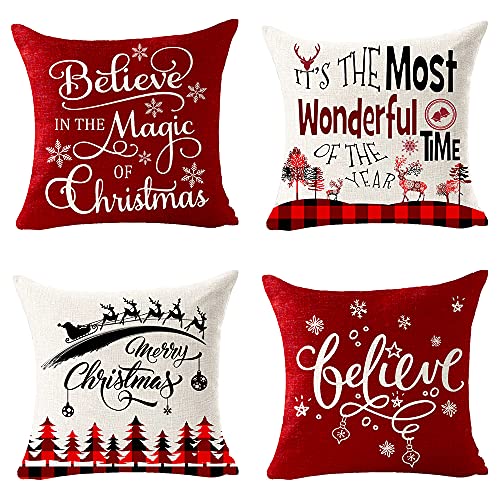 Set of 4 Merry Christmas Believe Reindeer Tree Best Gift Square Pillowcase Decorative Throw Pillow Cover Cushion Case Cotton Linen Material 18" x18'' (Beige&Red) - color: Beige Red