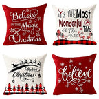 Set of 4 Merry Christmas Believe Reindeer Tree Best Gift Square Pillowcase Decorative Throw Pillow Cover Cushion Case Cotton Linen Material 18" x18'' (Beige&Red) - color: Beige Red