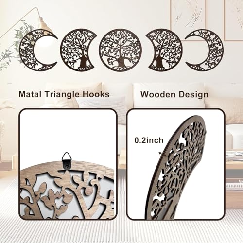 ASMANNA 5 Pcs Tree of Life Wall Art Moon Phase Wall Decor Wooden Moon Phase Wall Hanging Mandala Moon Decor Bohemian Lunar Aesthetic Art for Bedroom Living Room Dorm Apartment Office(black) - color: 2Black