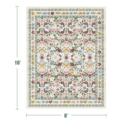 Deerly Washable Floral Rugs 8x10 Large Vintage Living Room Carpet Boho Non-Slip Soft Low Pile Thin Bedroom Floor Mat Indoor for Dining Room Playroom Nursery Farmhouse, Beige/Green/Multi - color: Beige/Green/Multi, size: 8' x 10' (Rectangular)