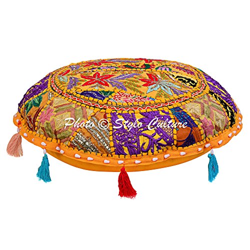 Indian Floor Pillow Cover Vintage Patchwork Bohemian Seating Mango Yellow Round Throw Pillow 18 Small Decorative Decor Seating Tuffet Seat Pouf Cover Footstool Cotton Embroidered 1 Pc - color: Mango Yellow