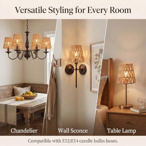 6 Pcs Small Rattan Bell Lamp-Shade, Rattan Lamp Shade,Boho Lamp-Shades Replacement Bohemian Style Light-Shade Replacement for Floor Lamp Pendant Light Wall Sconces(Rattan,Brown,Clip on)