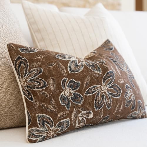 FIOUOVO Floral Throw Pillow Covers 12x20 Set of 2 Farmhouse Pillow Covers Vintage Neutral Accent Pillowcases Decorative Cushion Covers for Sofa Couch Living Room Bedroom Home Decor, Brown - color: Brown, size: 20" x 12" (Pack of 2)
