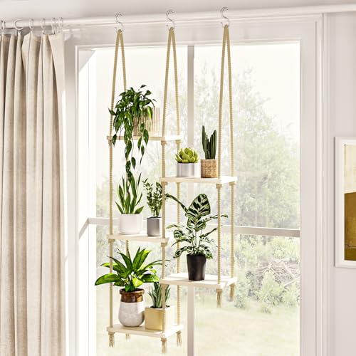 Bamworld Hanging Shelves Plant Hanger Indoor Window Plant Shelves Wood Plant Wall Shelf Window Sill Plant Shelf Indoor Hanging Plant Stand Living Room Decor Garden Boho Decor - size: 5Tier