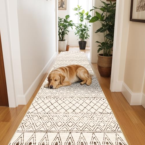 2'x6' Hallway Runner Rug Washable - Non Slip Moroccan Runners Low Pile Floor Carpet with Rubber Backing Farmhouse Kitchen Mat Indoor Rugs for Front Door Living Room 2'x6' Geo Beige - color: Geo Beige, size: 2' x 6' (Rectangular)