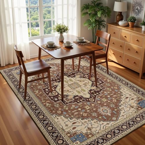Macgace 3x5 Mousse Brown Area Rug for Living Room, Machine Washable Rugs with Non-Slip Backing for Bedroom, Vintage Medallion Carpet Kitchen Laundry Kids Room Decor - color: Brown & Beige, size: 3' x 5' (Rectangular)