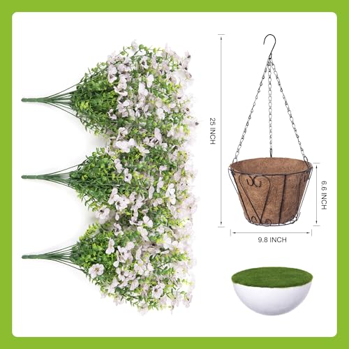 Artificial Fake Hanging Flowers Plants with Basket Spring Outdoor Decor,Faux Silk Flowers with Eucalyptus in Planter No Fade Flower in Basket for Farmhouse Home Garden Porch Patio Balcony(White) - color: White