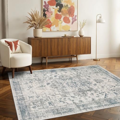 Rugxara 3x5 Washable Entryway Rug, Non Slip Boho Runner Rugs for Hallway, Entrance, Kitchen, Bathroom, Laundry Room, Soft Entryway Carpet, Throw Low Pile Retro Imitation Wool Carpet, Light Blue Grey - color: Blue & Grey, size: 3' x 5' (Rectangular)