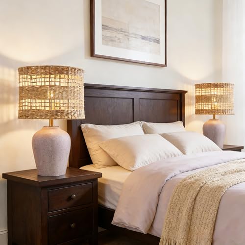 Maxax 21" Boho Table Lamp for Bedroom, Farmhouse Ceramic Bedside Lamp with Woven Rattan Shade, 3 Way Dimmable Coastal Rattan Bedroom Lamp for Nightstand Office Home - color: Dark gray