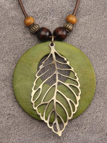 Leather Necklace for Women Long Boho Pendant Hippie Choker Necklace Bohemian Layered Leather Rope Wooden Jewelry Gifts - style: Leather Leaf Necklace