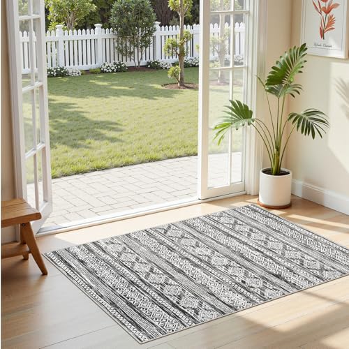 Tortania Area Rug Living Room Rugs - 2x3 Washable Soft Neutral Boho Moroccan Farmhouse Mat Indoor Floor Carpet for Bedroom Hallway Entryway Kitchen Home Office Decor - Black White - color: Black White, size: 2' x 3' (Rectangular)