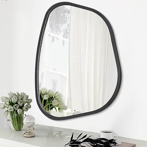 Black Asymmetrical Wall Mirror Large 20"x16" Irregular Oval Mirror Modern Wood Frame Unique Shape Wall Mounted Vanity Artistic Mirrors Decorative for Living Room Bedroom Bathroom Hallway - color: Black, size: 20"L x 16"W