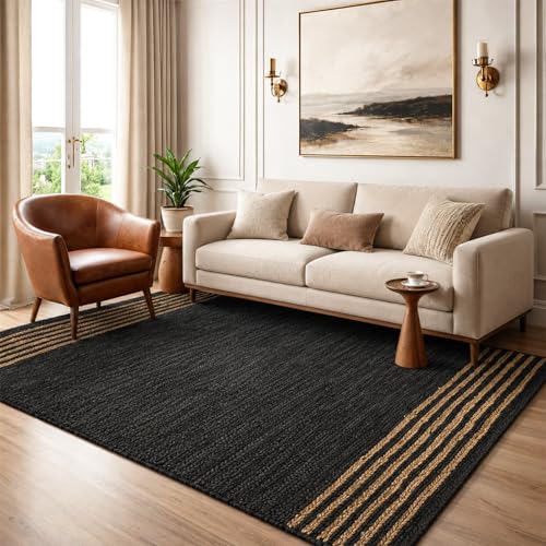 GRUHUM Black Jute Area Rug 6x9 ft Natural Fiber Rectangular Black Leather Handwoven Boho Farmhouse Soft Braided Rustic Vintage Eco Friendly Rugs Indoor Living Room Bedroom Kitchen Hallways 6x9ft Large - color: Natural Black- 20, size: 6' x 9' (Rectangular