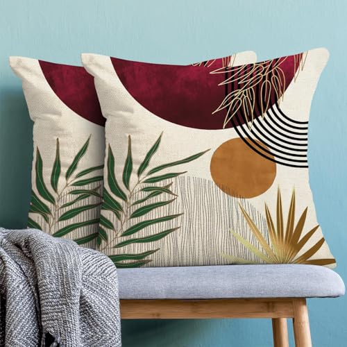 Boho Pillow Covers 16x16 Set of 2 Mid Century Burgundy Red Green Gold Sunset Throw Pillow Covers Outdoor Decor Abstract Bohemian Tropical Leaf Pillowcase Decorative Cushion Case for Home Sofa - color: Mid-century-burgundy Red, size: 16" x 16" (Pack of 2)