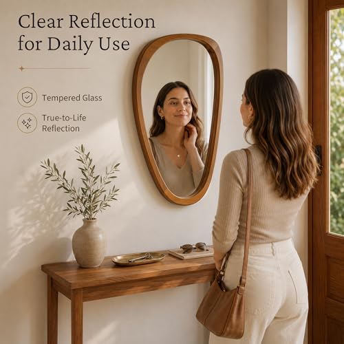 Solid Wood 30"x20" Irregular Asymmetrical Mirror, Japandi Boho Organic Shaped Decorative Accent Mirror, Small Natural Honey Walnut Wooden Wall-Mounted Mirror, Warm Walnut - color: Walnut, size: 30"L x 20"W