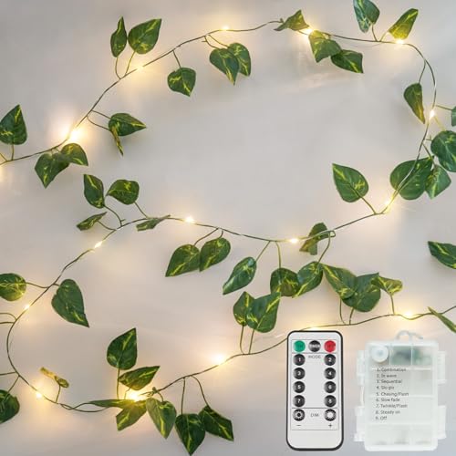 suddus Vine with Fairy Lights Battery Operated, 13.1ft 40 LED Pothos String Lights with Remote, Leaf Lights for Bedroom, Room, Wall, Garden, Party, Wedding Dorm Decor(Warm White) - color: Pothos, size: 40 LED-Battery-Copper