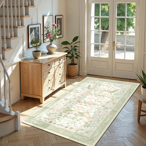 Green Rug 3'x5',Washable Area Rugs for Bedroom Living Room Entryway Bedside,Small Boho Farmhouse Bohemian Botanical Distressed Oriental Non Slip Carpet,Sage Floral Bird - color: Green Floral Bird, size: 3'x5'