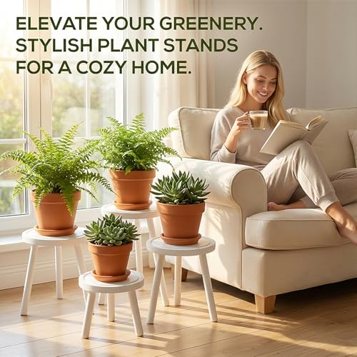 Amdermi 3-Pack Wood Plant Stands Indoor, Single Plant Stand for 6-12 Inch Pots, Mid-Century Modern Plant Stool, Tall Plant Stand for Large Plants for Living Room, Balcony, Office (White) - color: White