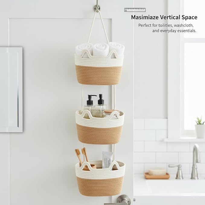 Hanging Wall Basket, Over the Door Hanging Basket with Hooks, Decorative Hanging Basket for Wall, Door, Nursery, Living Room, Bathroom, Cat-Like Design for Boho Decor, White & Jute