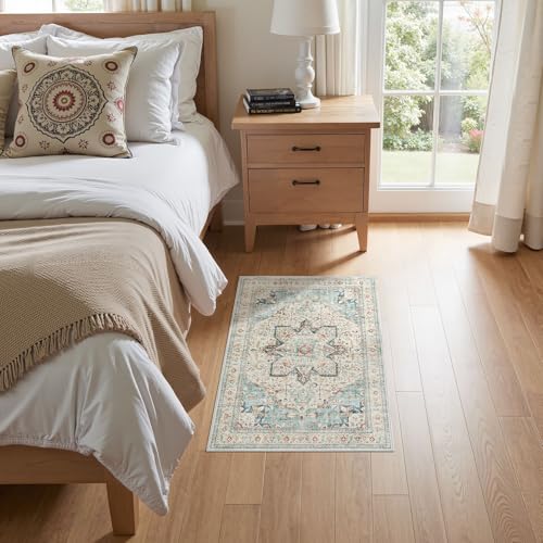 Tortania Area Rug 2x3 Doormat - Washable Vintage Oriental Farmhouse Soft Thin Indoor Carpet for Living Room Bedroom Hallway Entryway Kitchen - Aqua Multi - color: Aqua Multi, size: 2' x 3' (Rectangular)